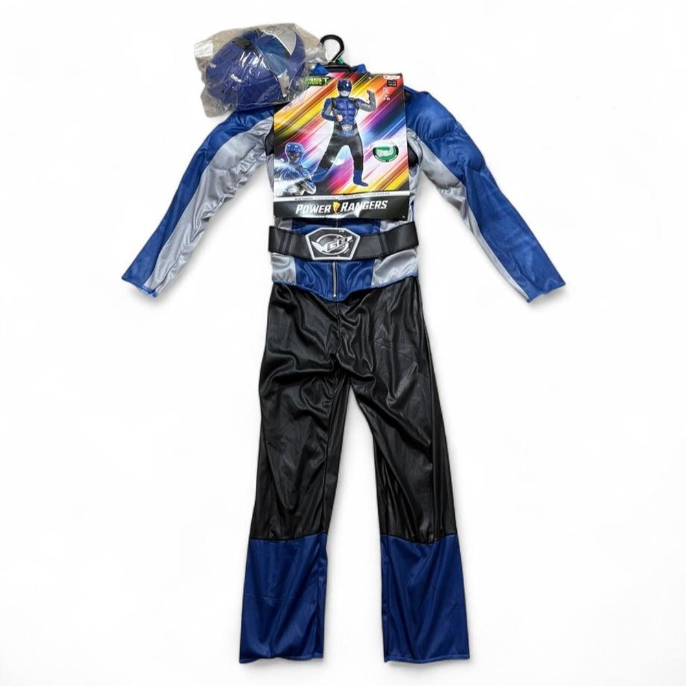 Blue Power Rangers Beast Morphers Muscle Jumpsuit Costume Set Helmet Kids M 7-8